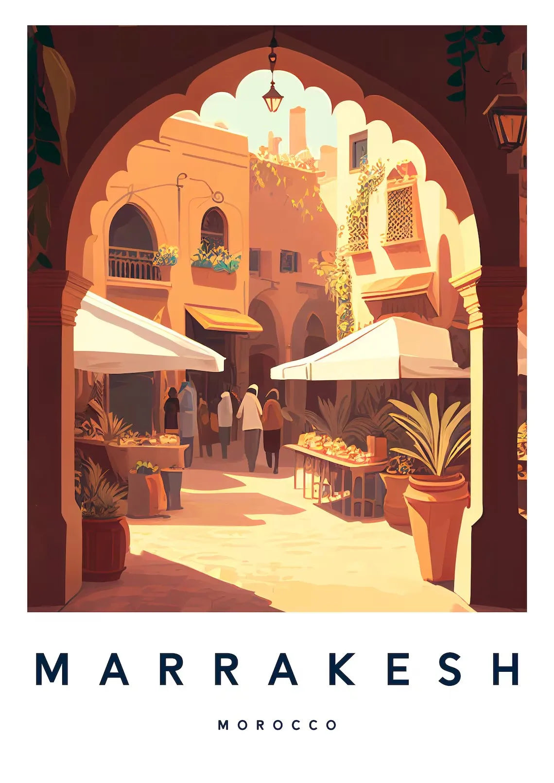 Illustration of a street scene in Marrakesh, Morocco with architectural elements and people.