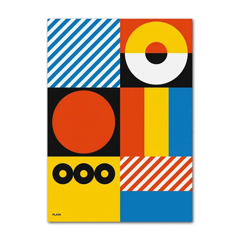 Colorful geometric design poster with abstract shapes on a white background
