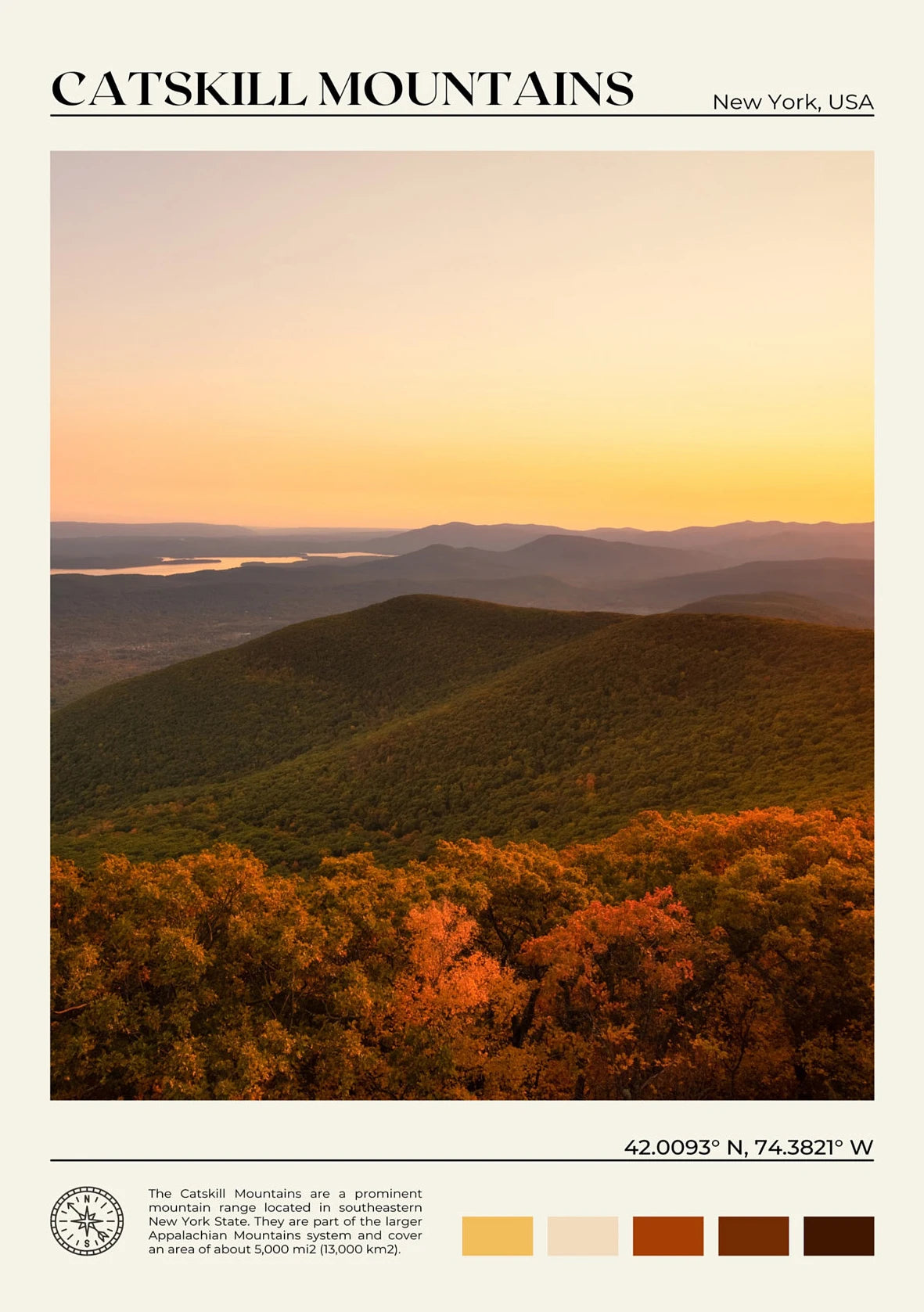 Scenic view of the Catskill Mountains with a sunset, featuring trees in autumn colors.