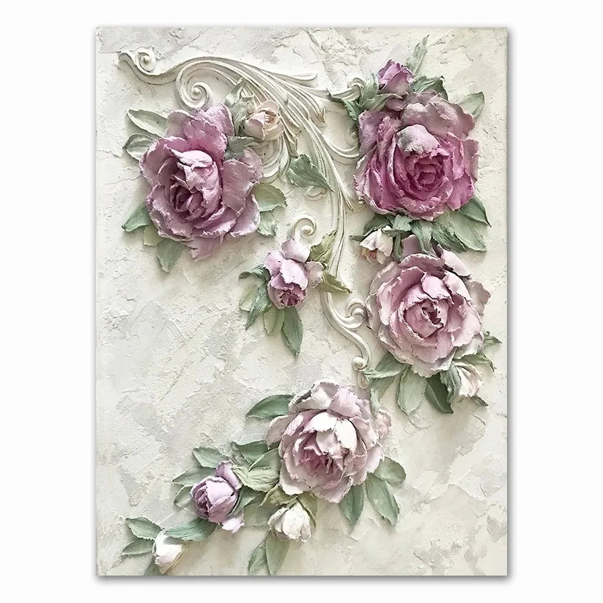 Decorative wall art with pink roses and green leaves on a textured white background