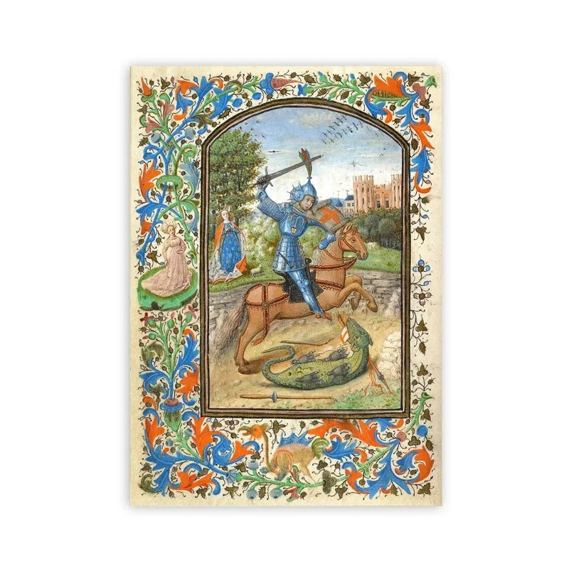 Decorative card with a knight on horseback illustration and ornate border