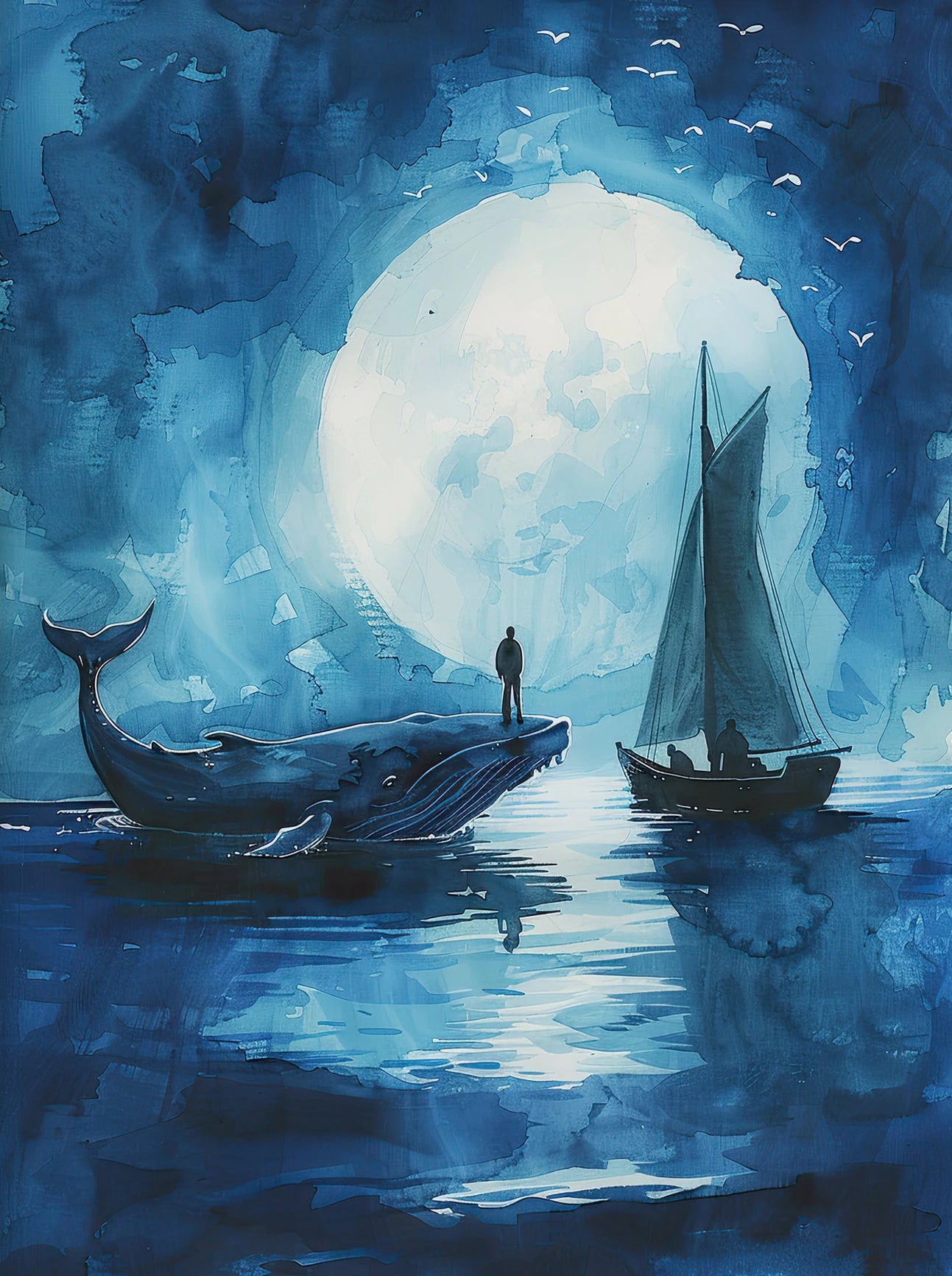 Artistic depiction of a whale, a person, and a sailboat under a large moon.