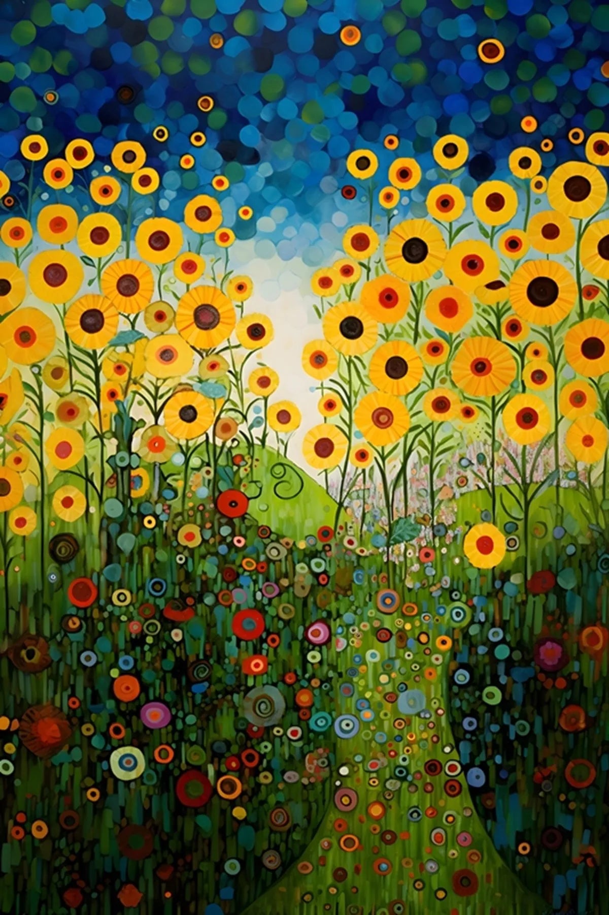 Colorful floral painting with sunflowers and a winding path