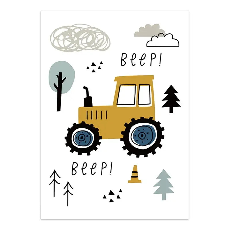Children's illustration of a yellow tractor with 'Beep!' text, trees, and traffic cone on a white background.