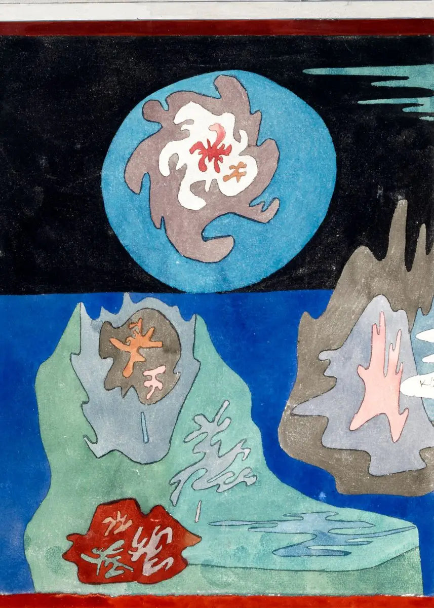 Abstract artwork with geometric shapes and colors on a black background