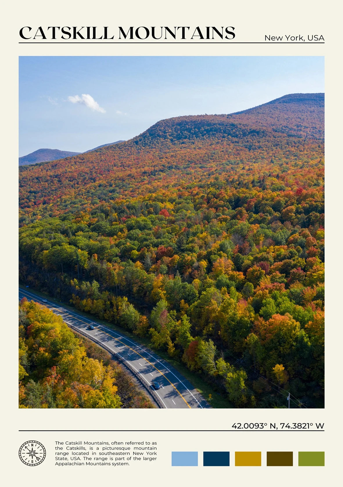 Scenic view of the Catskill Mountains with a road winding through colorful trees.