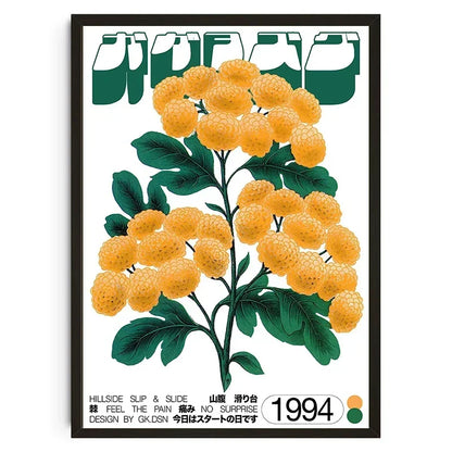Poster with yellow flowers and green leaves on a white background