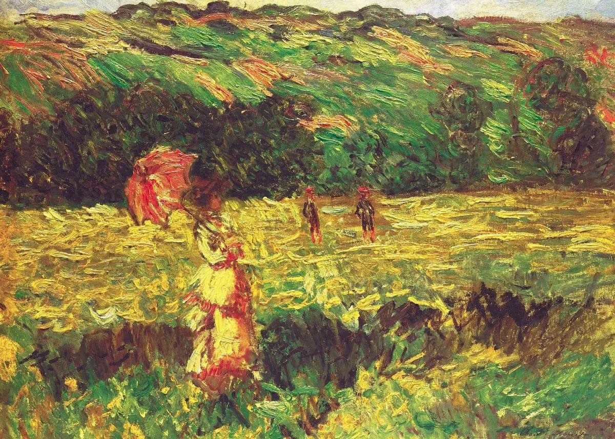 Painting of a woman with a red umbrella in a field with other figures.