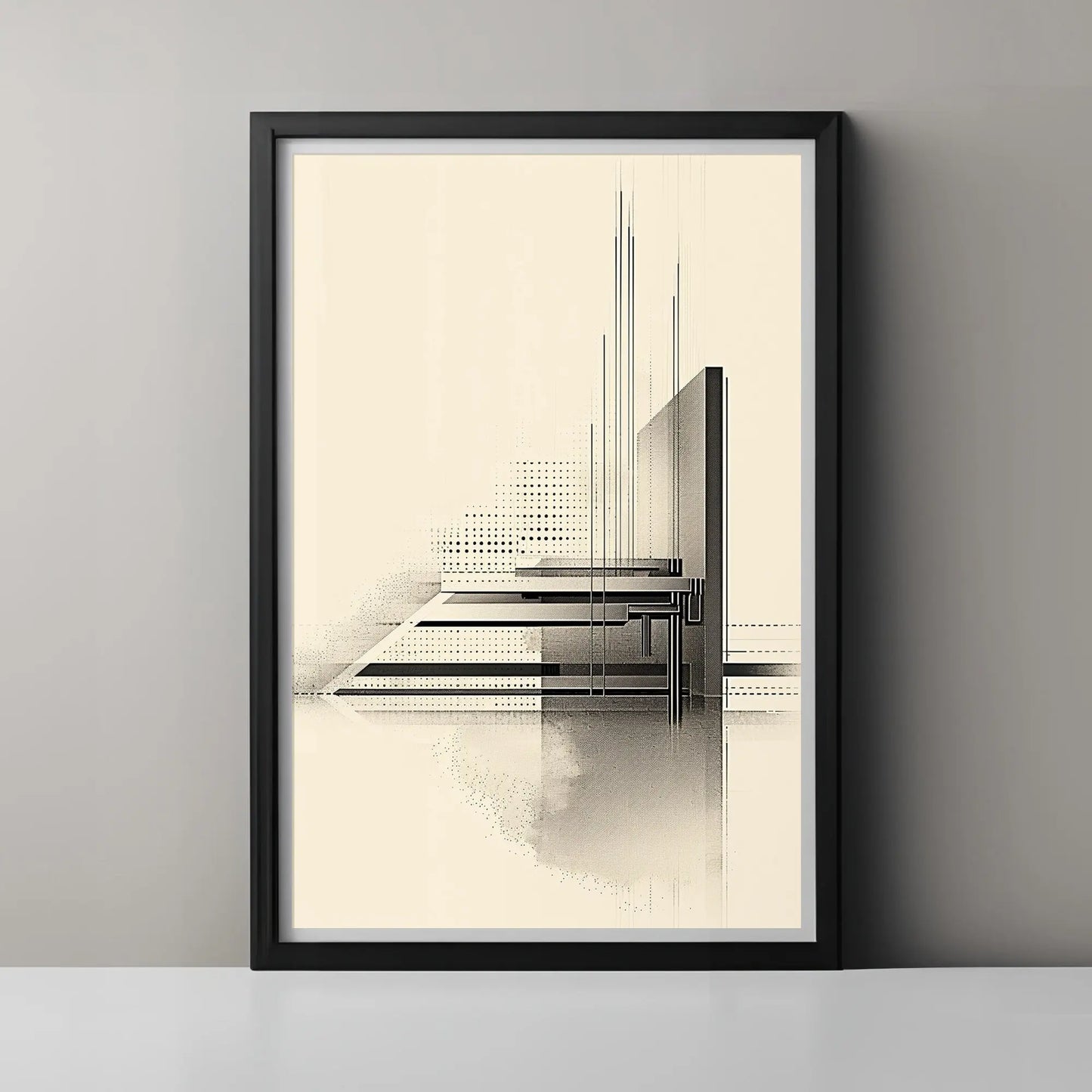 Framed abstract art print on a gray wall