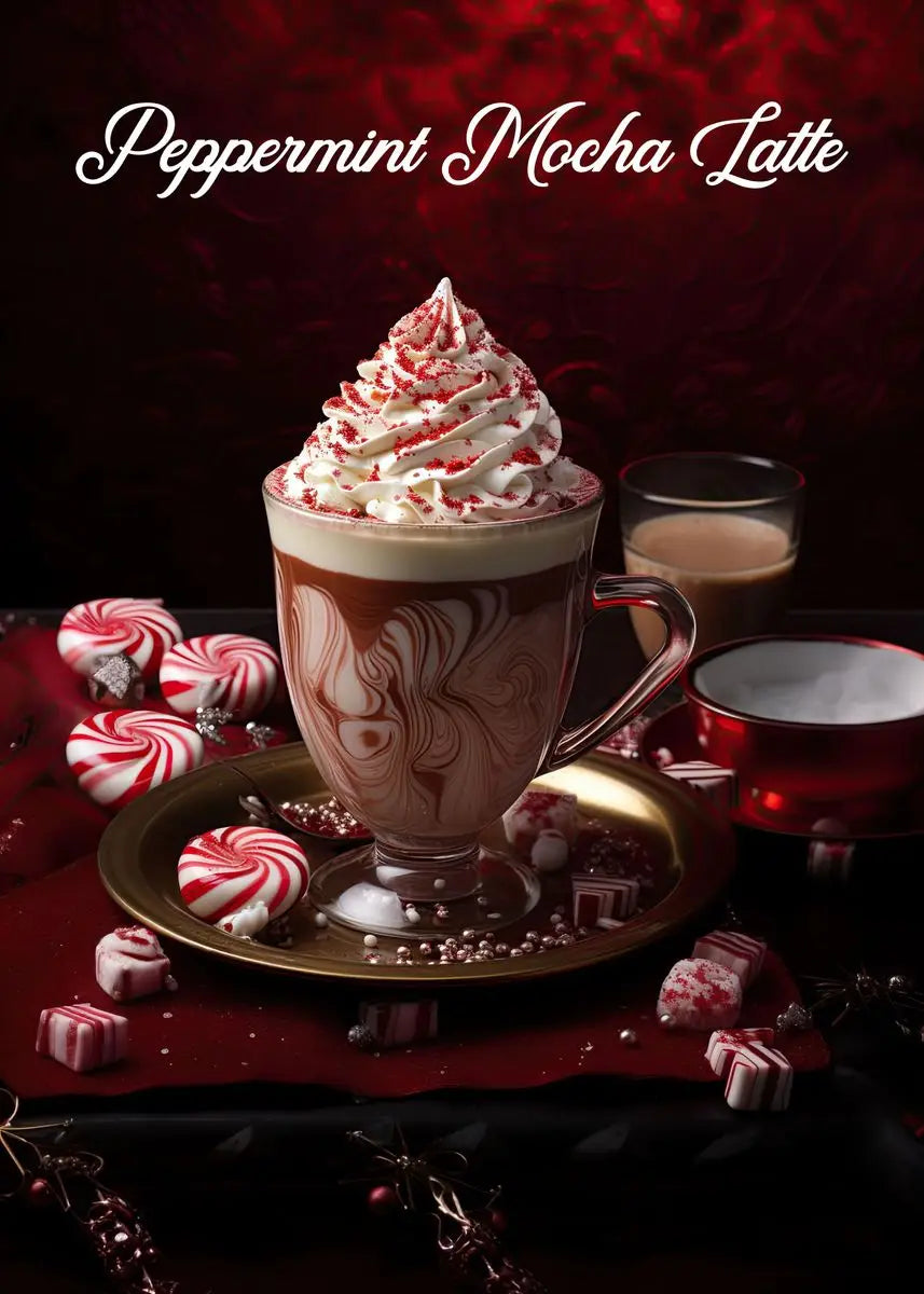 Peppermint Mocha Latte with whipped cream and peppermints on a red background