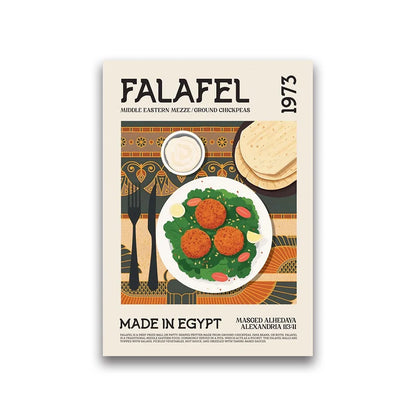 Falafel packaging with text and illustrations on a beige background