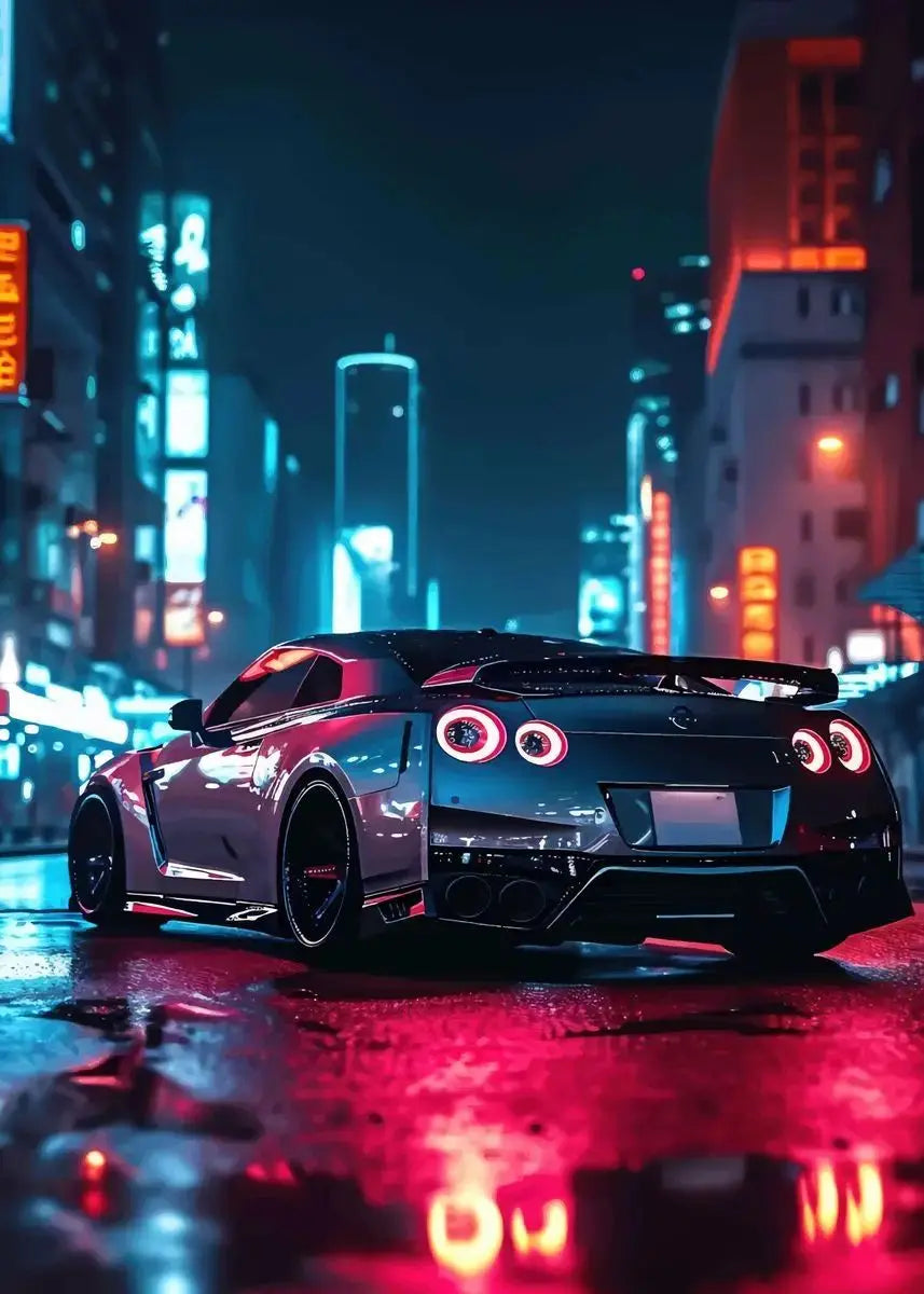 Black sports car on a city street at night with neon lights