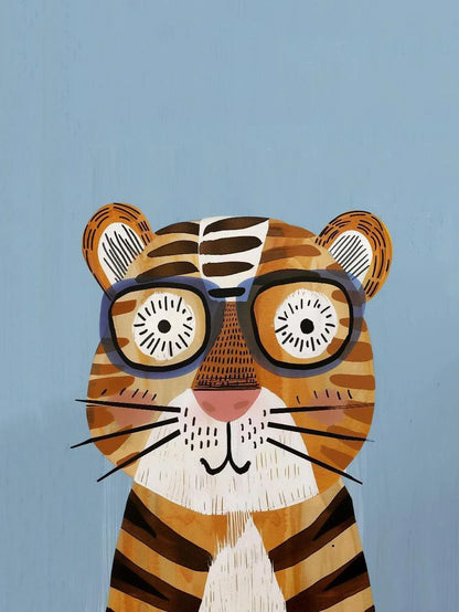 Illustration of a tiger wearing glasses on a blue background