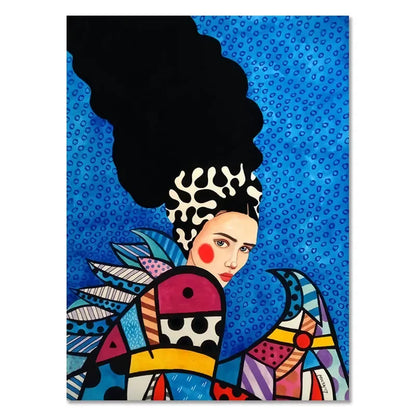 Colorful artwork of a woman with a stylized hairstyle on a blue patterned background