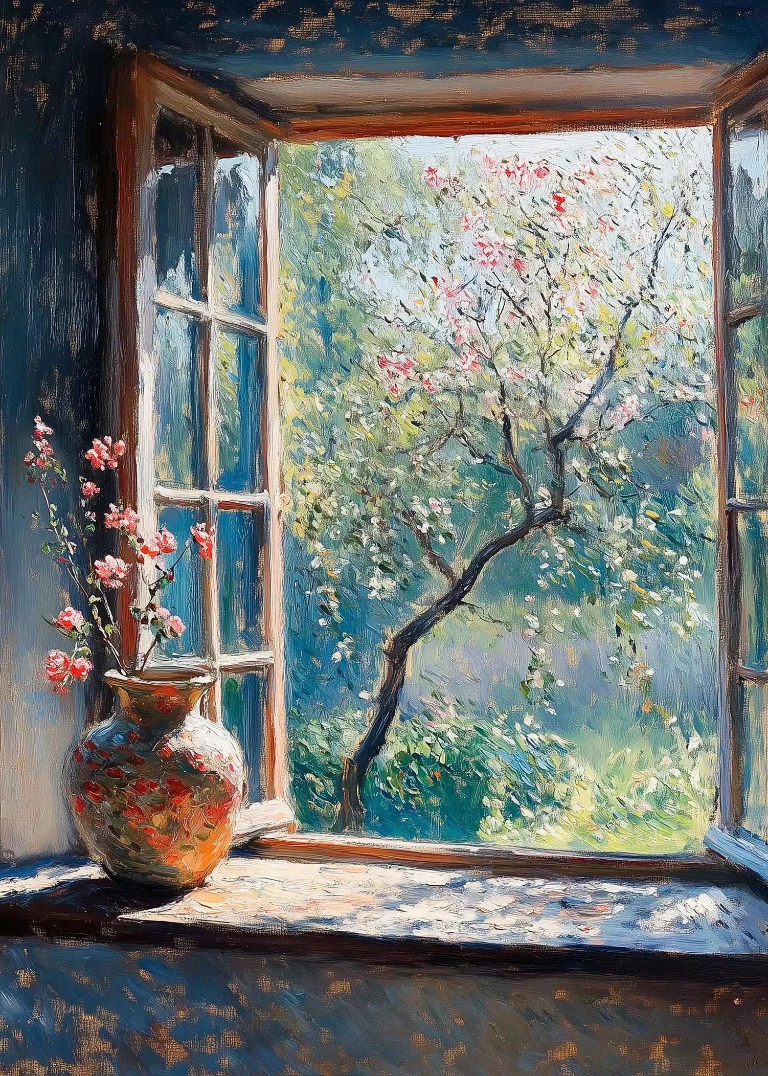 Painting of a window with a view of a tree and flowers on a windowsill.