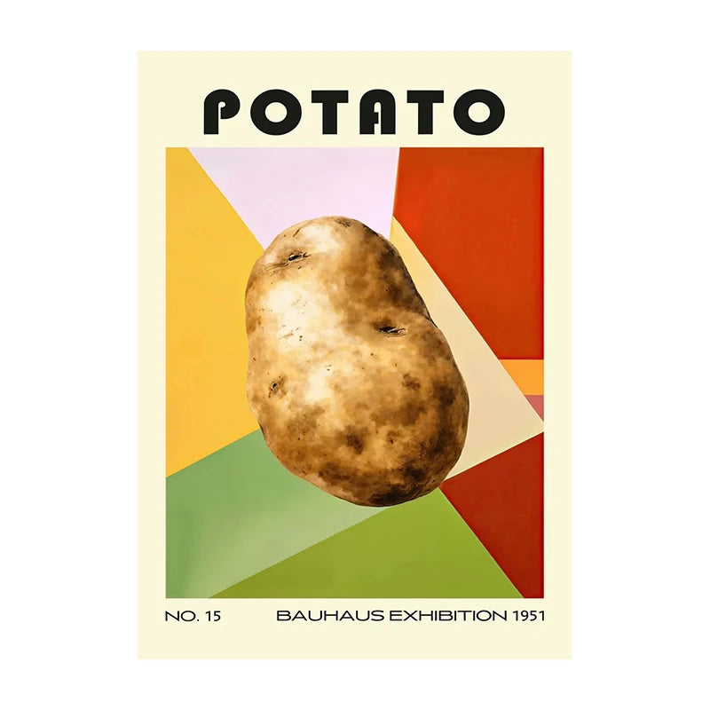 Poster of a potato with geometric shapes and text about the Bauhaus Exhibition 1951.