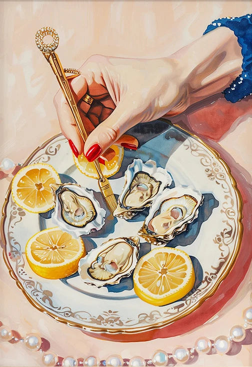 Plated oysters with lemon slices and a hand holding a knife on a decorative plate.