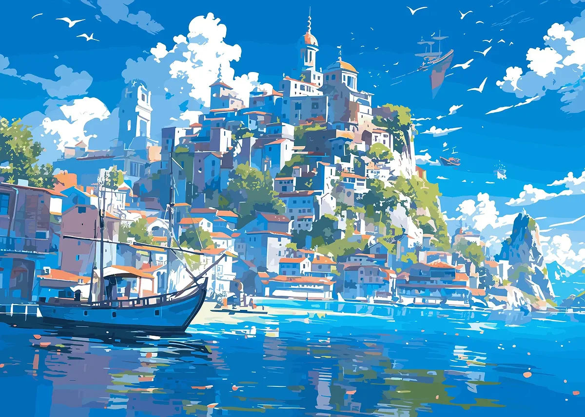 Colorful coastal scene with a town, boats, and a clear blue sky.