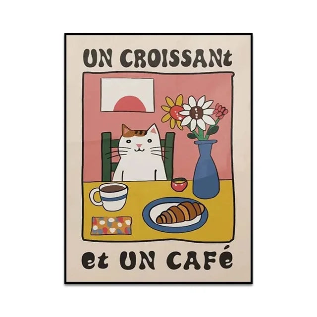 Poster with a cat at a table with a croissant and coffee, text 'Un croissant et Un Cafe' on a beige background.