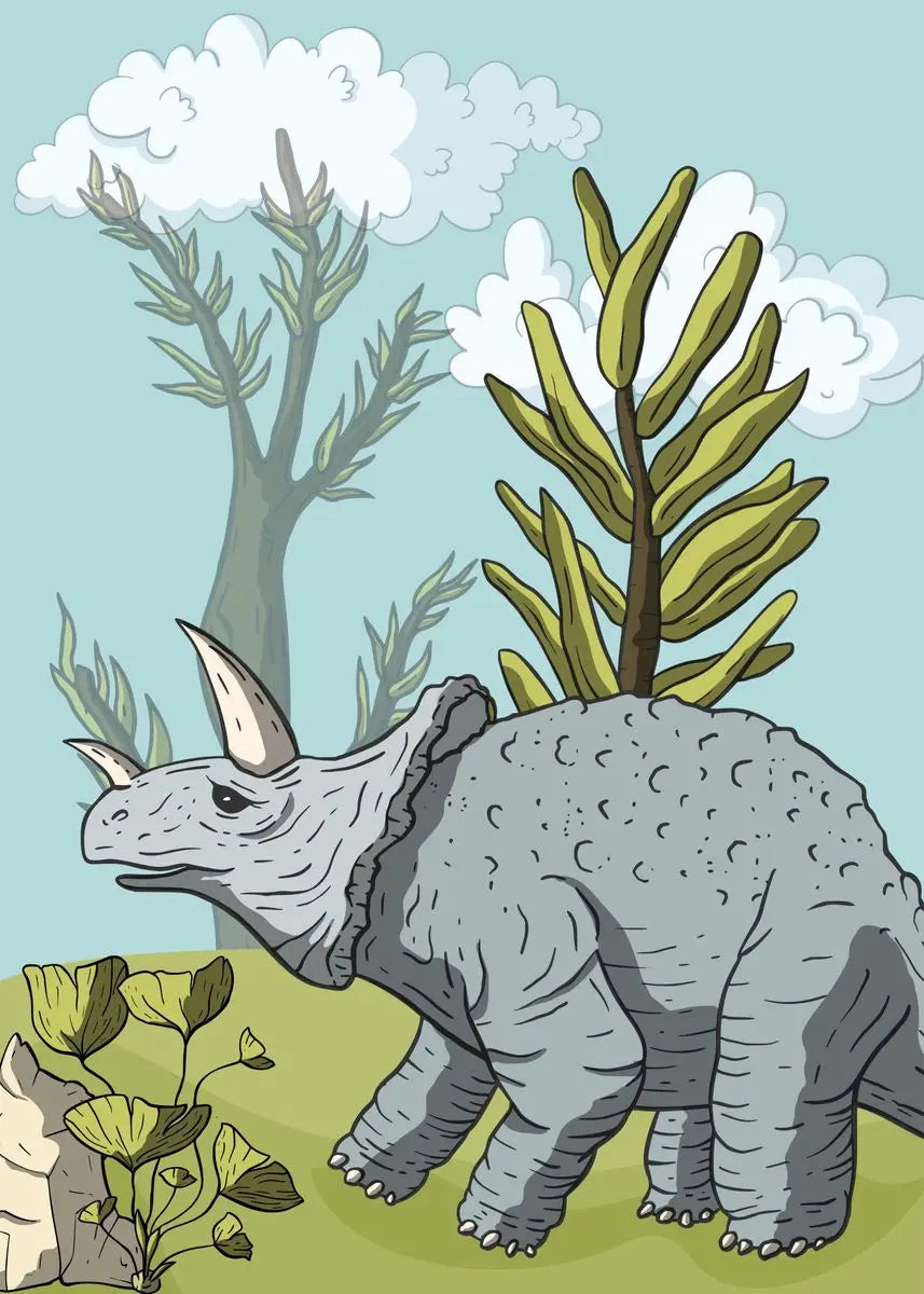 Illustration of a triceratops dinosaur in a prehistoric setting with trees and plants.