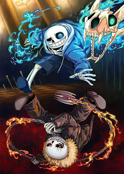 Two animated skeletons, one blue and one with a yellow skull, in a dramatic pose against a dark background.