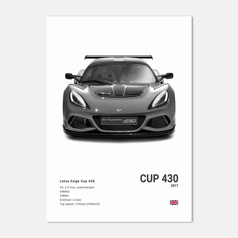 Lotus Exige Cup 430 car on a white background with specifications displayed.