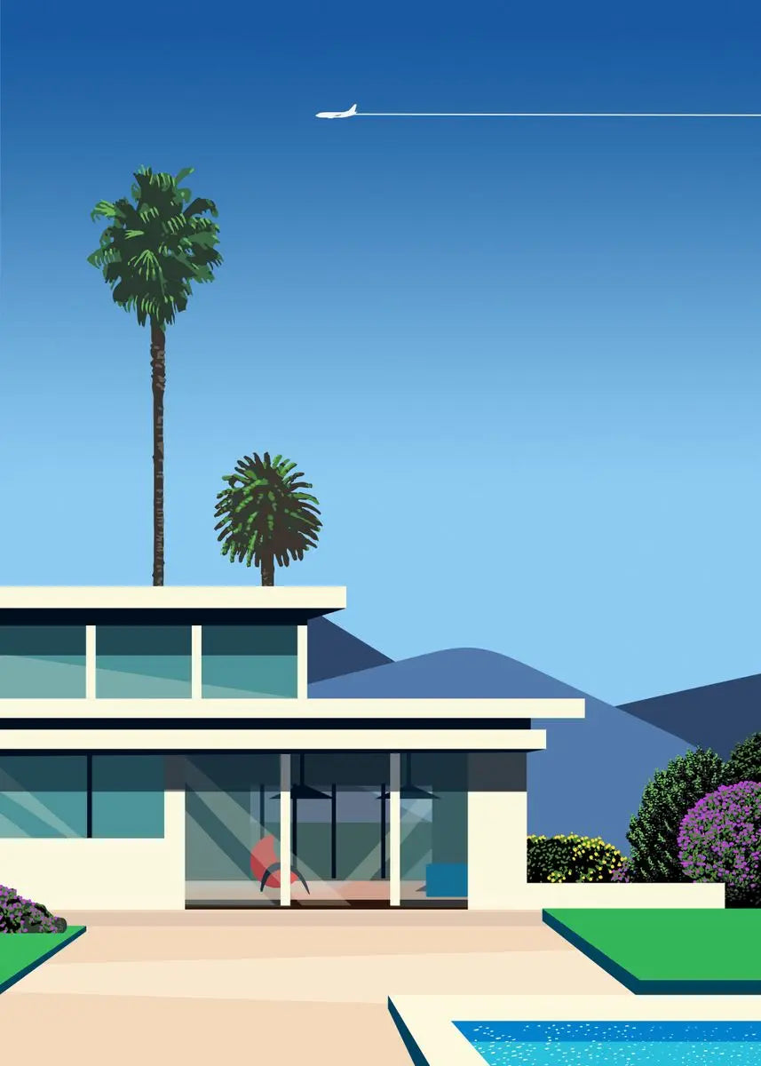 Modern house with palm trees and a pool under a clear blue sky.