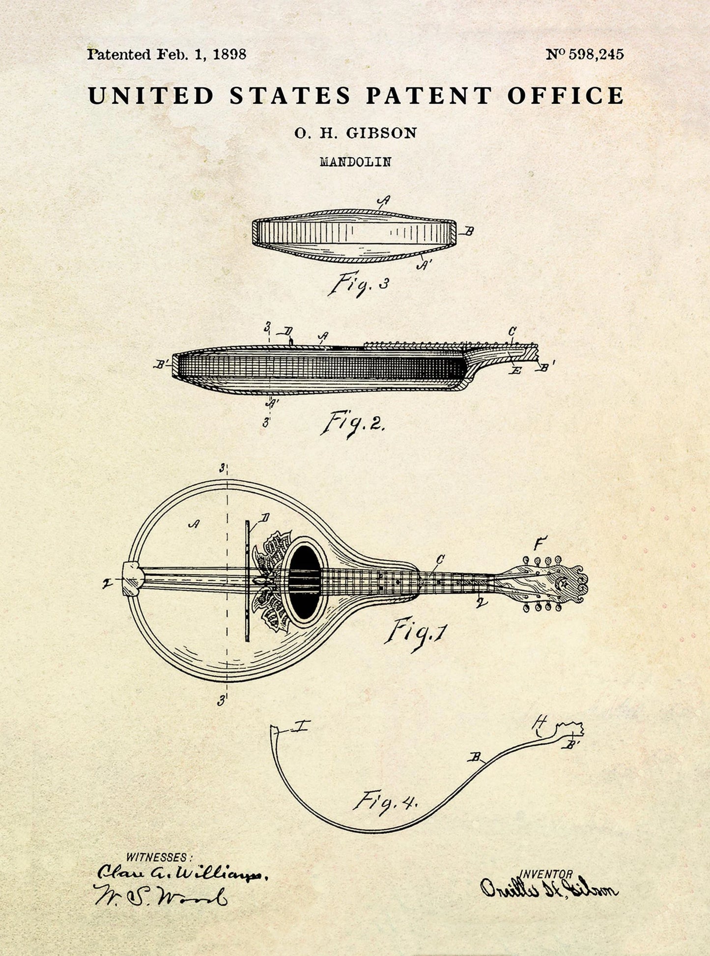 Patent illustration of a mandolin from the United States Patent Office