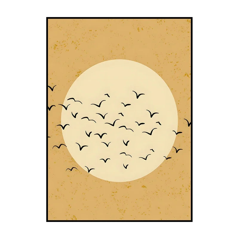 Poster with a beige circle and black birds on a textured beige background