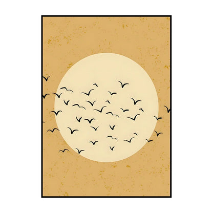 Poster with a beige circle and black birds on a textured beige background