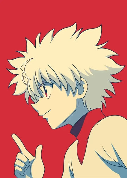 Anime character with spiky hair and red eyes on a red background