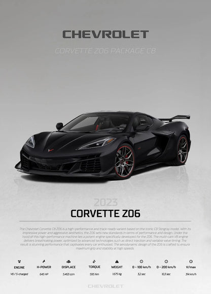 Black Chevrolet Corvette Z06 on a gray background with technical specifications below.