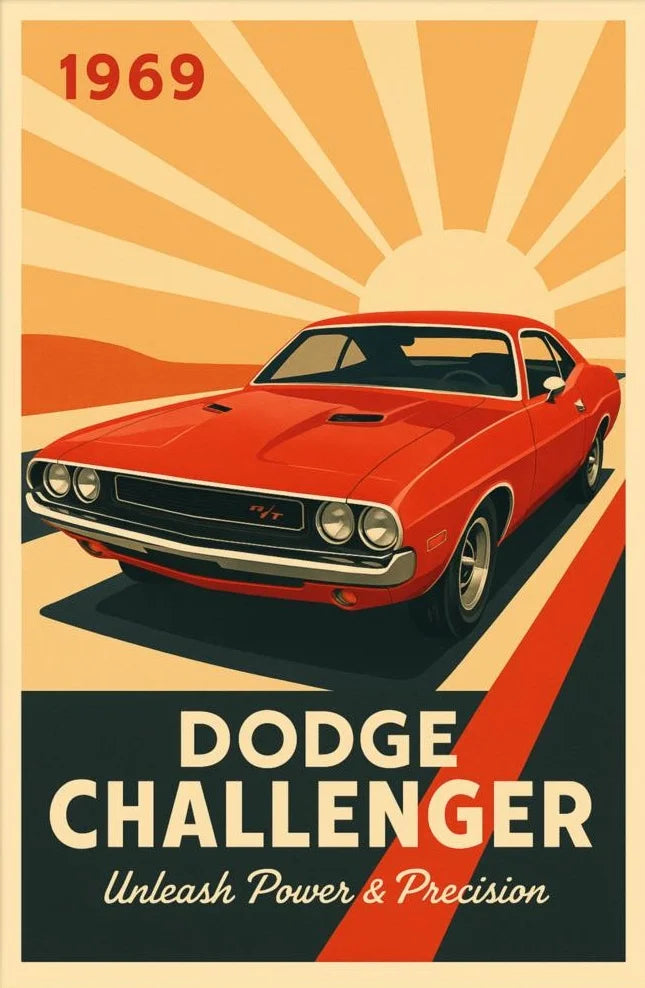 Vintage-style poster of a red Dodge Challenger from 1969 with dynamic background
