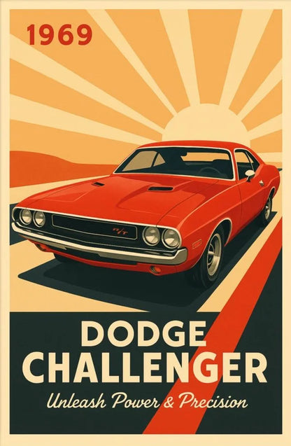 Vintage-style poster of a red Dodge Challenger from 1969 with dynamic background