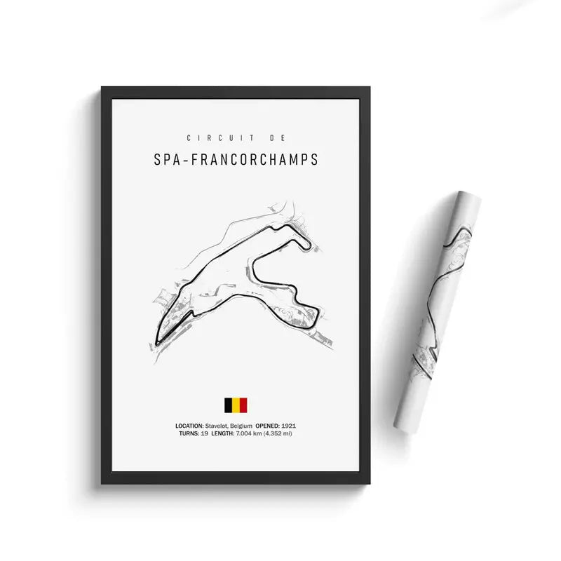 Framed poster of Spa-Francorchamps circuit with a pen on a white background