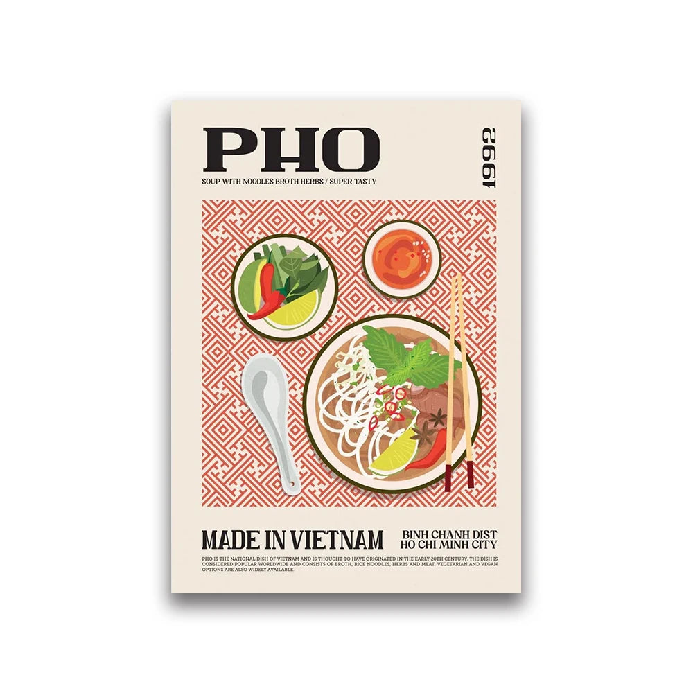 Product packaging for 'PHO' with illustrations of ingredients and text on a beige background
