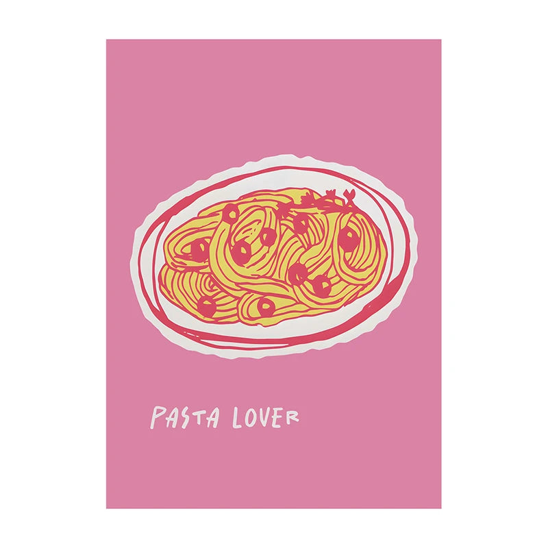 Illustration of spaghetti on a pink background with 'Pasta Lover' text