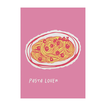 Illustration of spaghetti on a pink background with 'Pasta Lover' text