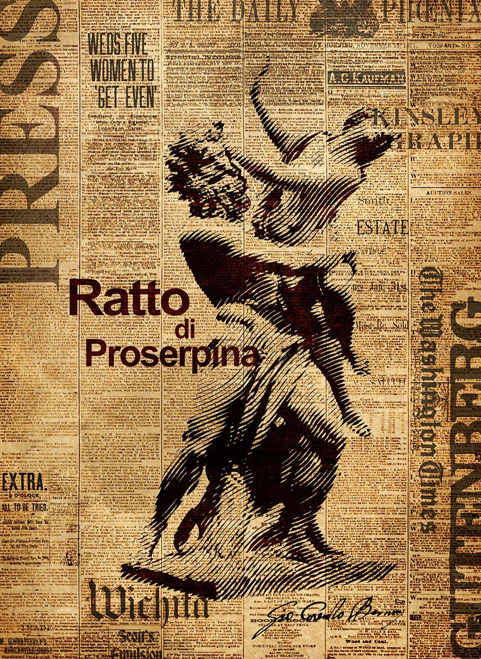 Artistic depiction of a dancer on a newspaper background with text and graphics.