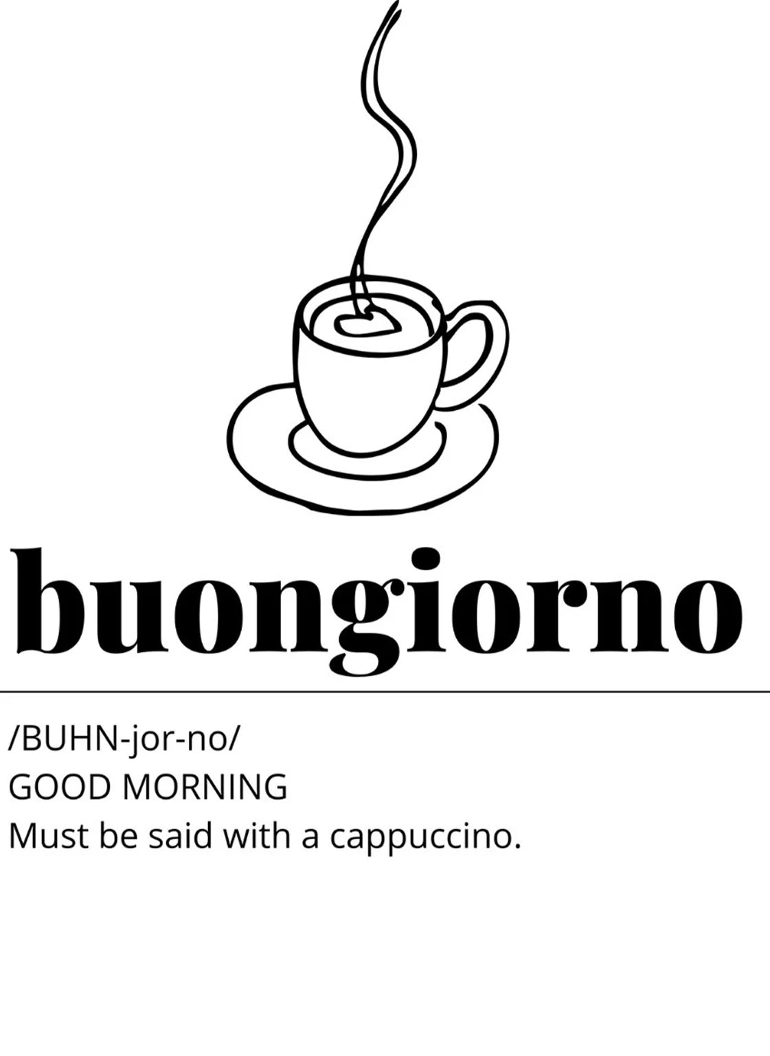 Illustration of a coffee cup with steam and 'buongiorno' text on a white background