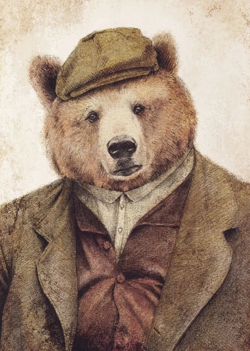 Bear wearing a coat, vest, and flat cap with a textured background