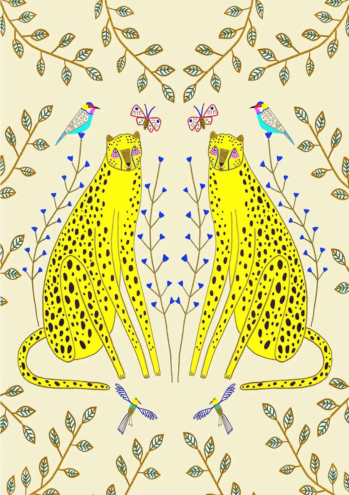 Two cheetahs standing side by side with decorative branches and butterflies on a beige background