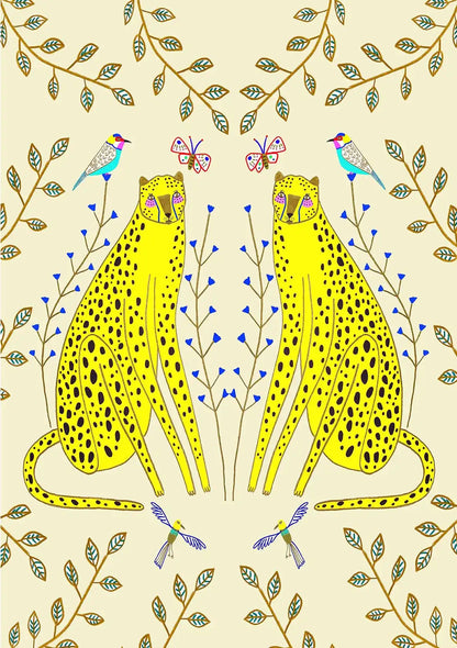 Two cheetahs standing side by side with decorative branches and butterflies on a beige background