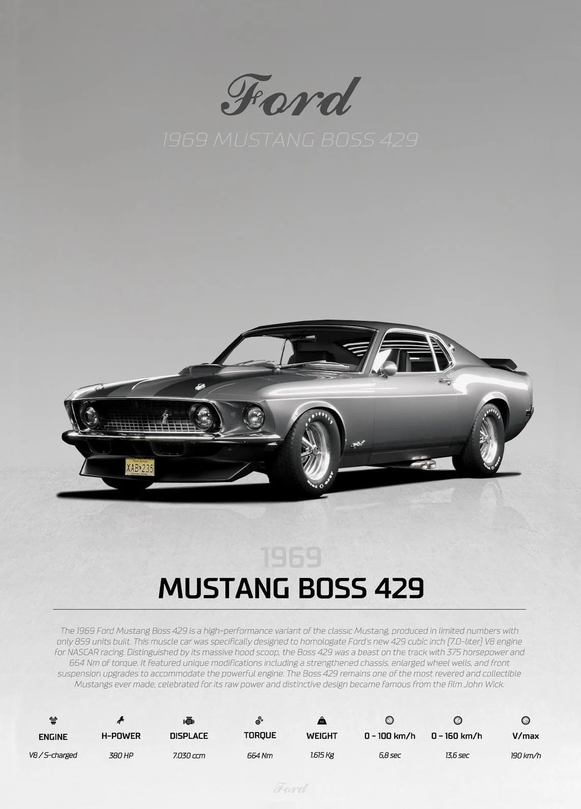 1969 Ford Mustang Boss 429 on a gray background