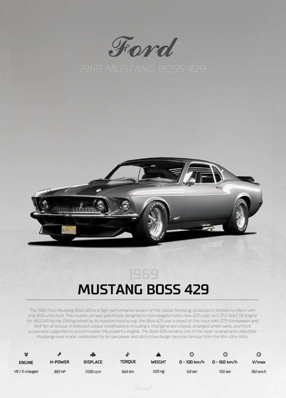 1969 Ford Mustang Boss 429 on a gray background