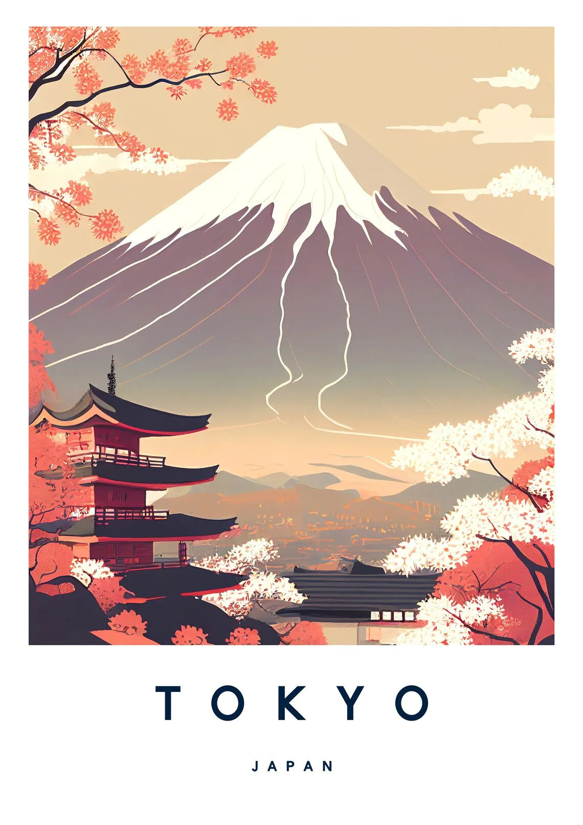 Vintage-style poster of Mount Fuji and cherry blossoms with 'TOKYO JAPAN' text.