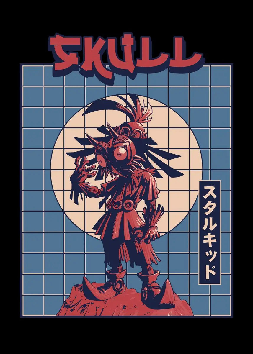 Vintage-style poster with a stylized skull character and grid background