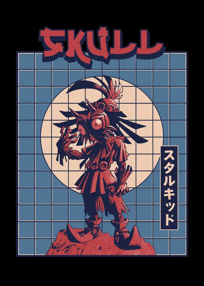 Vintage-style poster with a stylized skull character and grid background