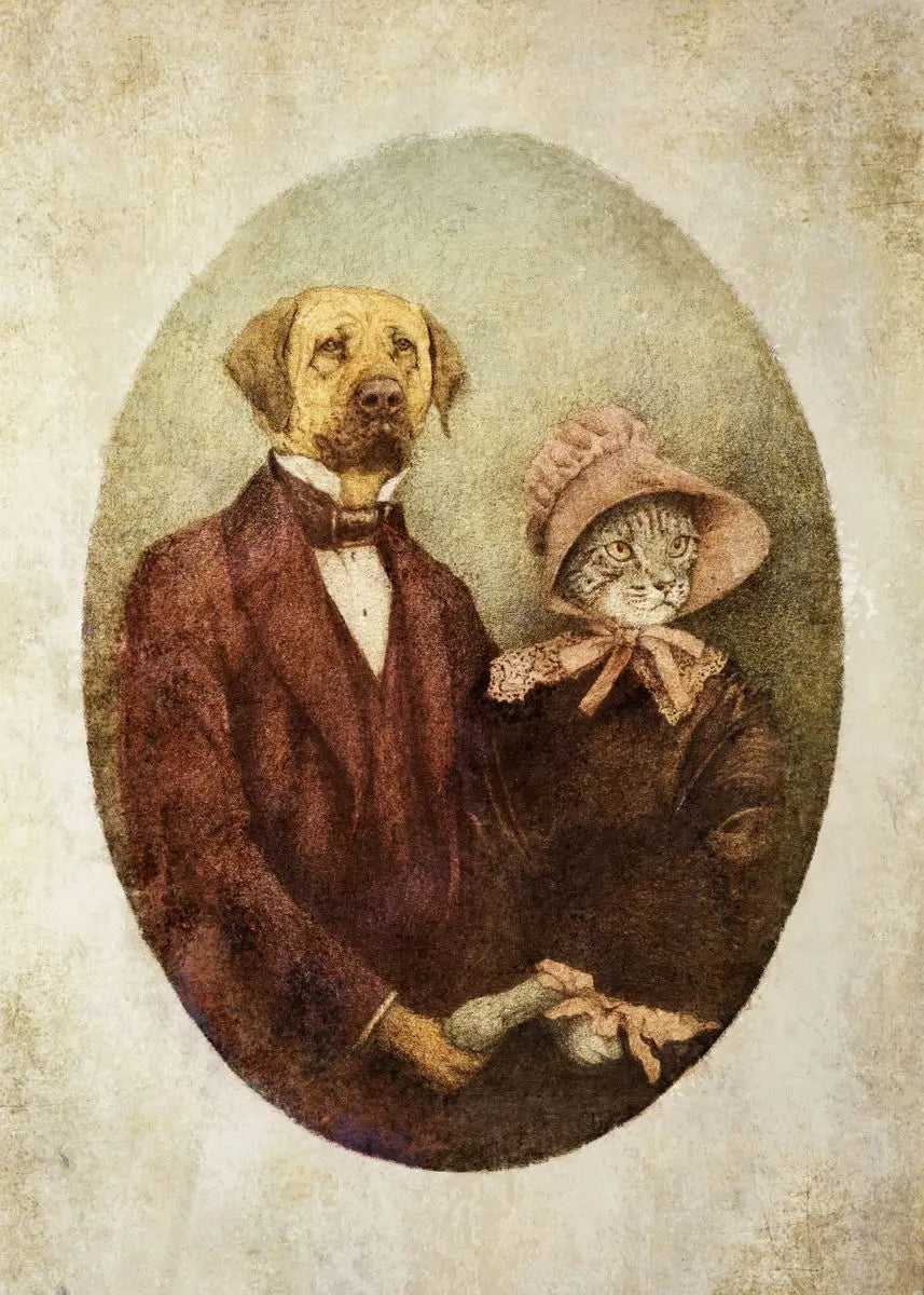 Illustration of a dog and a cat in formal attire with a vintage background