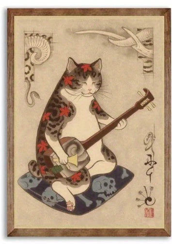 Artistic depiction of a cat playing a stringed instrument with traditional Japanese elements.